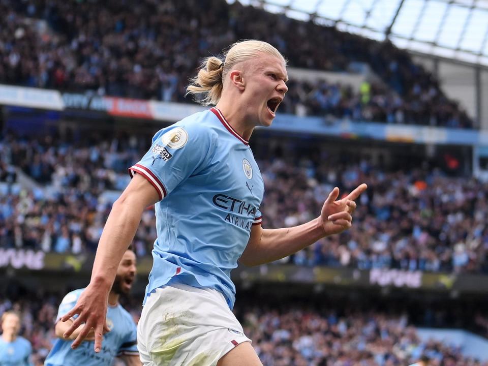 Erling Haaland scored three goals and assisted two in Man City’s thrashing of United (Getty Images)