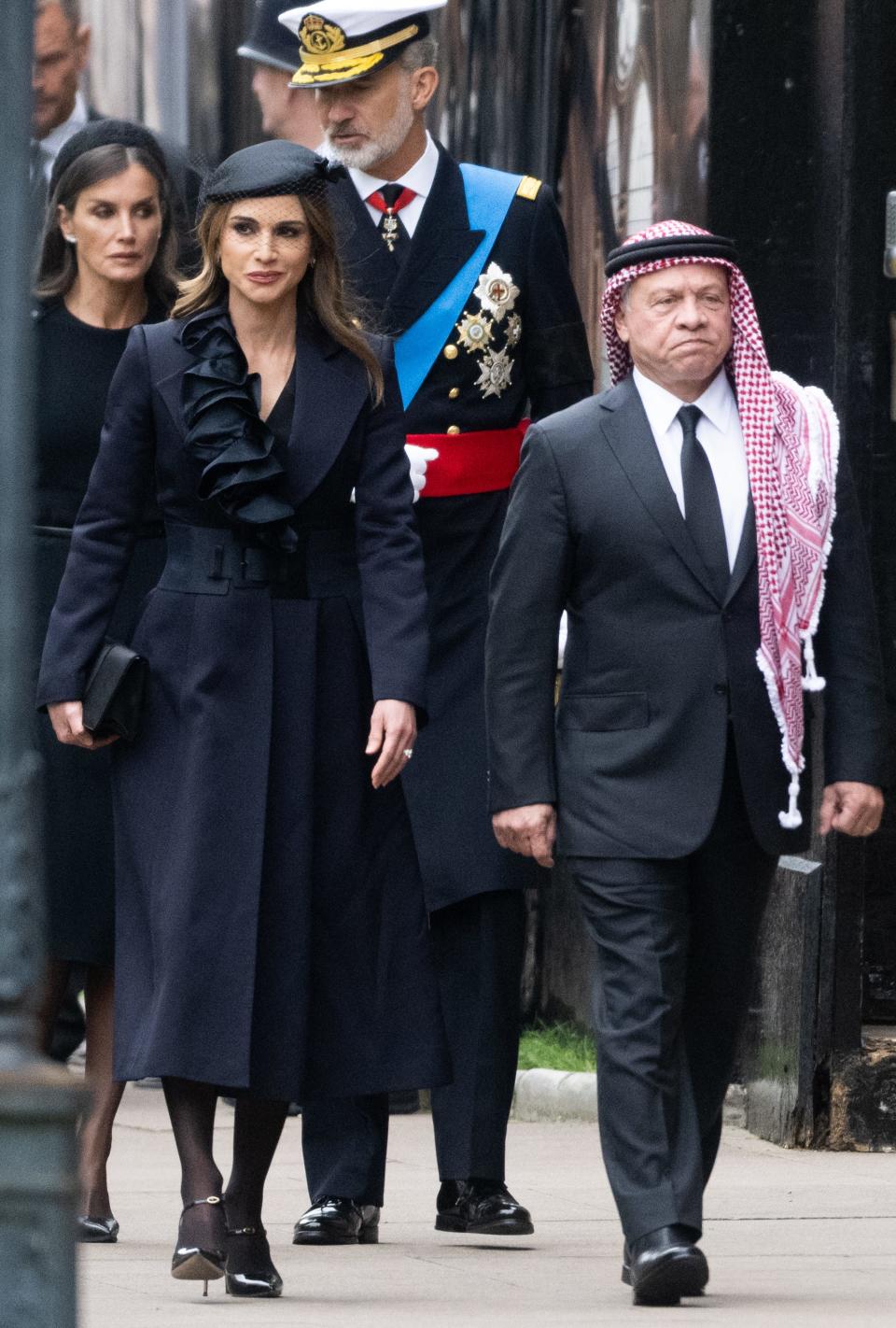 Queen Rania of Jordan, Abdullah II of Jordan during the State Funeral of Queen Elizabeth II at Westminster Abbey on September 19, 2022 in London, England.