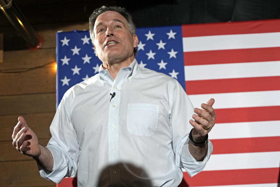 Republican David McCormick, making his second bid for a Pennsylvania U.S. Senate seat, addresses supporters at his election night watch party in Pittsburgh, Tuesday, April 23, 2024. (AP Photo/Gene J. Puskar)