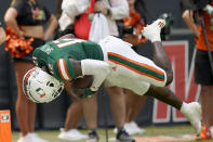 Miami wide receiver Brashard Smith scores a touchdown during the first half of an NCAA college football game against Central Connecticut State , Saturday, Sept. 25, 2021, in Miami Gardens, Fla. (AP Photo/Lynne Sladky)