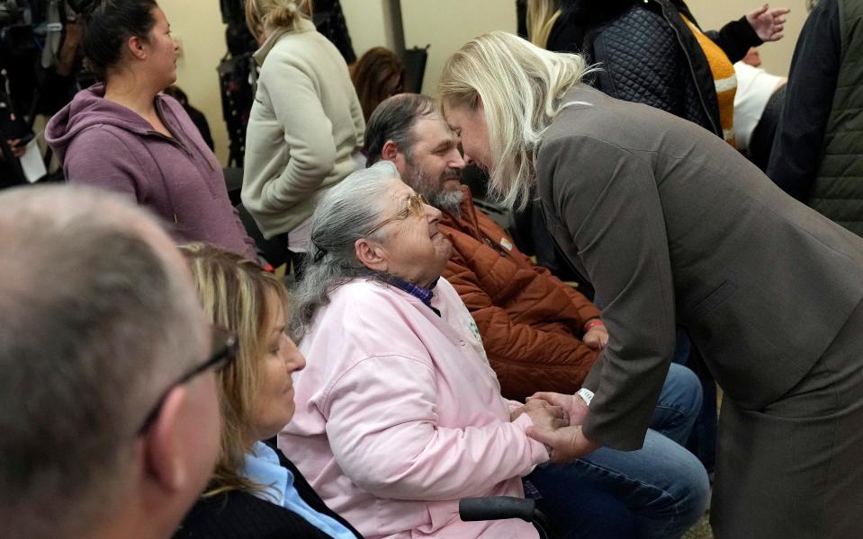 Special Prosecutor Angela Canepa speaks privately to Geneva Rhoden after the jury convicted George Wagner IV for aggravated murder of eight Rhoden family members. Victims Kenneth and Chris Rhoden Sr. were two of Geneva Rhoden's sons.