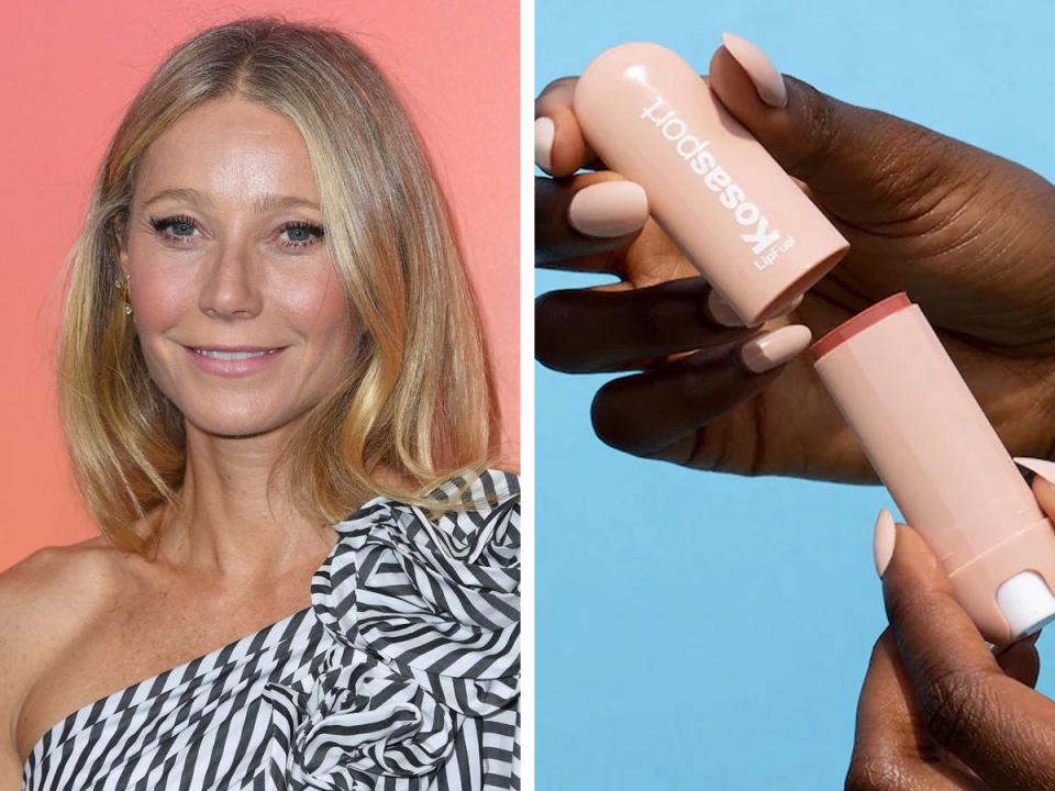 Gwyneth Paltrow on left; hands opening a Kosasport lip balm on right