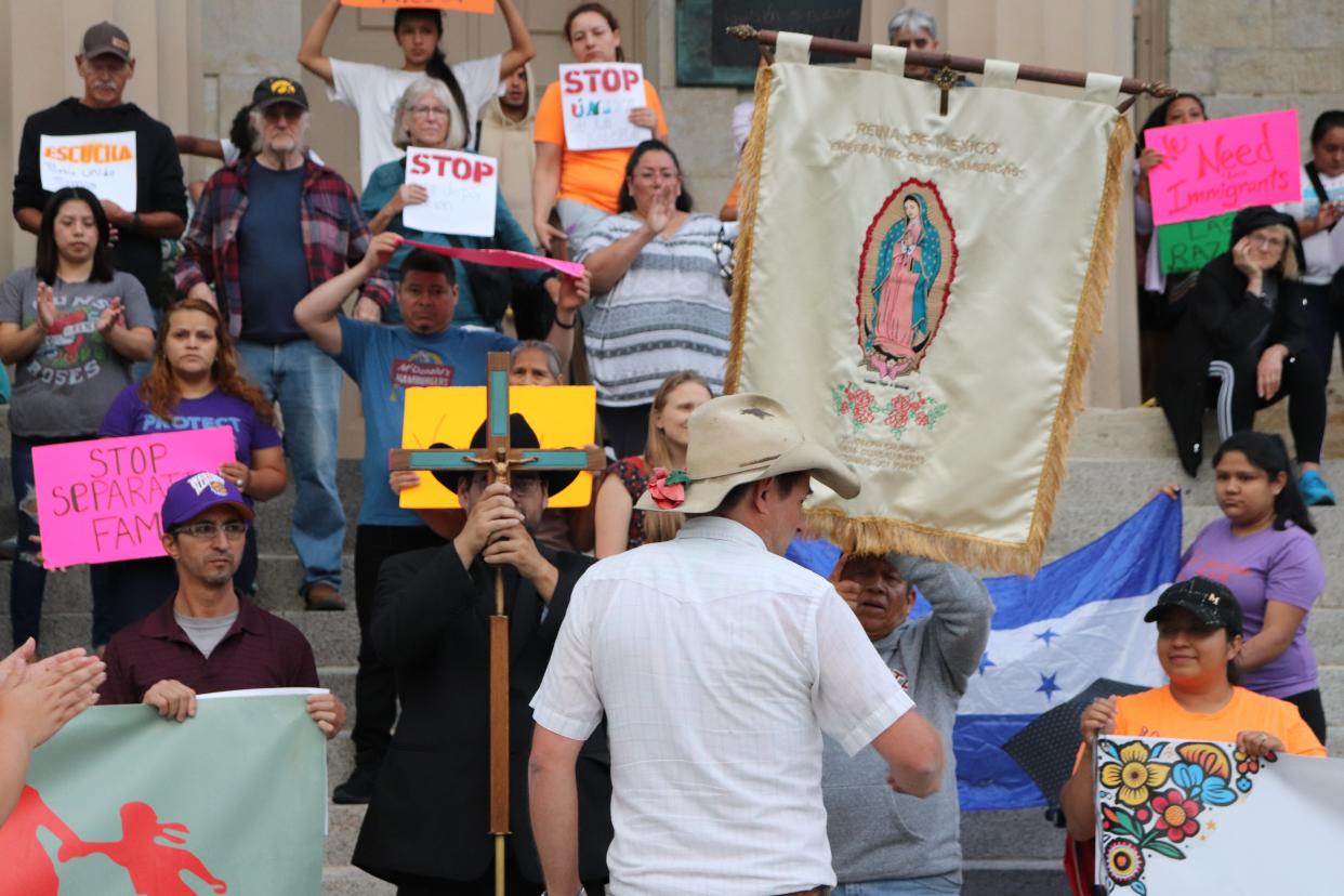 Johnson County Supervisor Jon Green speaks to a crowd of more than 75 demonstrators protesting Senate File 2340 on Monday, July 1, 2024, in Iowa City, Iowa.