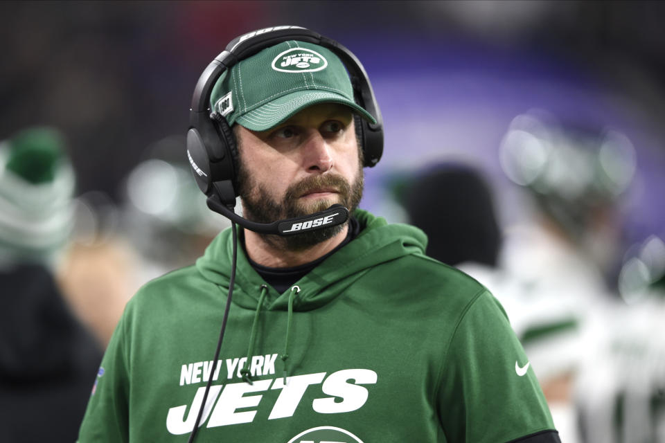 FILE - In this Dec. 12, 2019, file photo, New York Jets head coach Adam Gase looks on during the first half of an NFL football game against the Baltimore Ravens in Baltimore. The trade of Jamal Adams was still a hot topic Tuesday, July 28, 2020, as Jets players begin filtering into the team's facility for the start of an unusual training camp, and the coach had a few mostly positive words about his former star safety. (AP Photo/Gail Burton, File)