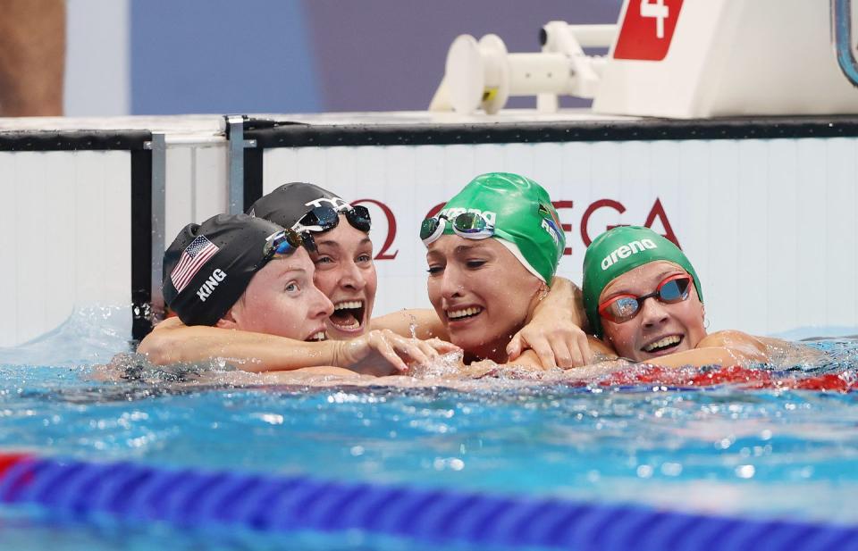 <p>A heartwarming moment in the women's 200m backstroke final – Tatjana Schoenmaker having won gold and set a new Olympic record was pulled in for a congratulatory hug by her competitors. Visibly overwhelmed at her feat the two American swimmers Lilly King and Annie Lazor, and Schoenmaker's fellow South African swimmer celebrated with her. </p>