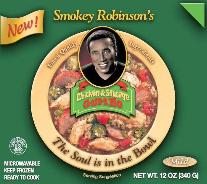 The label for one of Smokey Robinson's frozen dinners, chicken and sausage gumbo, features Robinson's portrait above a photo of the gumbo and the motto "The Soul is in the Bowl"