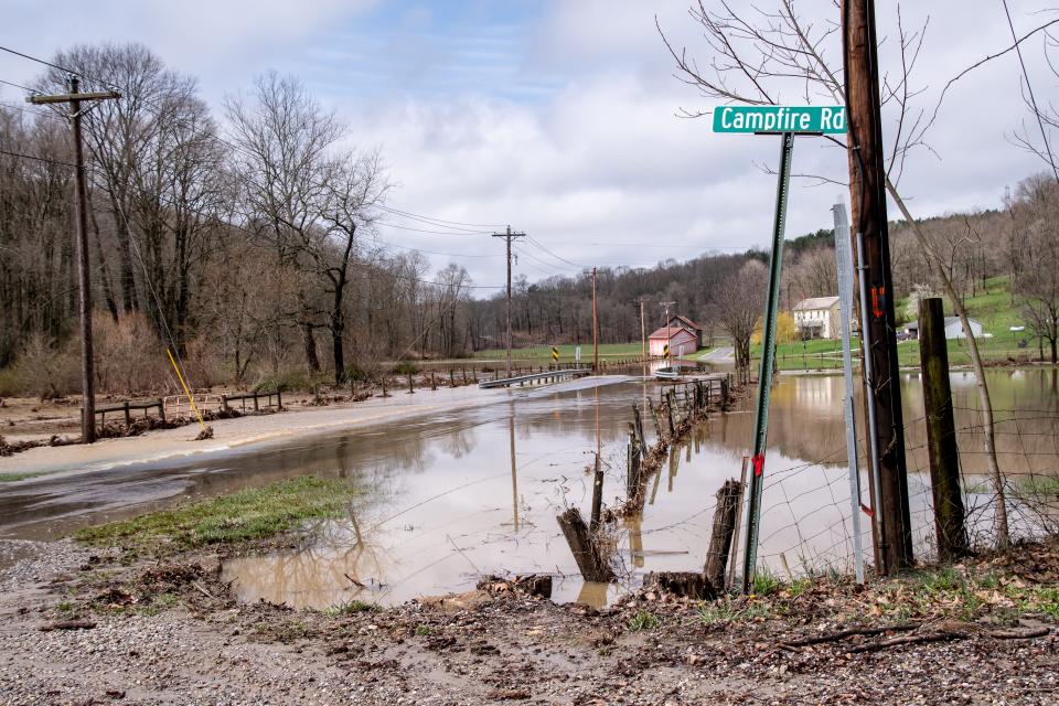 Peters Creek Road at the intersection with Campfire Road is completely under water on Tuesday, April 3, 2024.