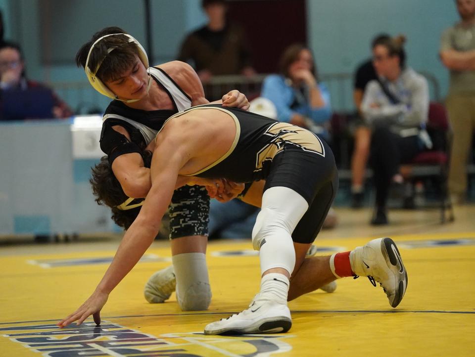 Nanuet's Peter Anagnostidis wrestles Pleasantville's Jesse Straus in the 116-pound championship match at the Section 1, Division II wrestling championships at Westchester County Center on Saturday, Feb. 10, 2024.