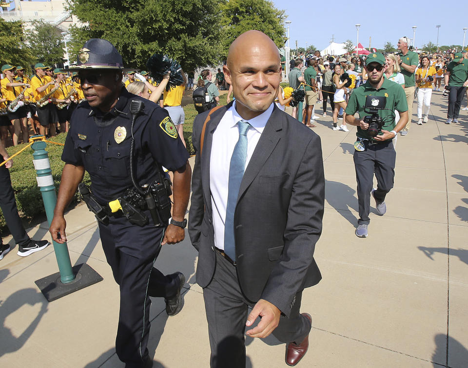 Baylor head football coach Dave Aranda smiles as he walks into McLane Stadium before Baylor plays Texas Southern in an NCAA college football game, Saturday, Sept. 11, 2021, in Waco, Texas. (Jerry Larson/Waco Tribune-Herald via AP)