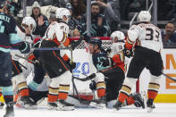 Seattle Kraken center Jaden Schwartz (17) reacts after scoring on Anaheim Ducks goaltender Lukas Dostal during the first period of an NHL hockey game Thursday, March 28, 2024, in Seattle. (AP Photo/Jason Redmond)