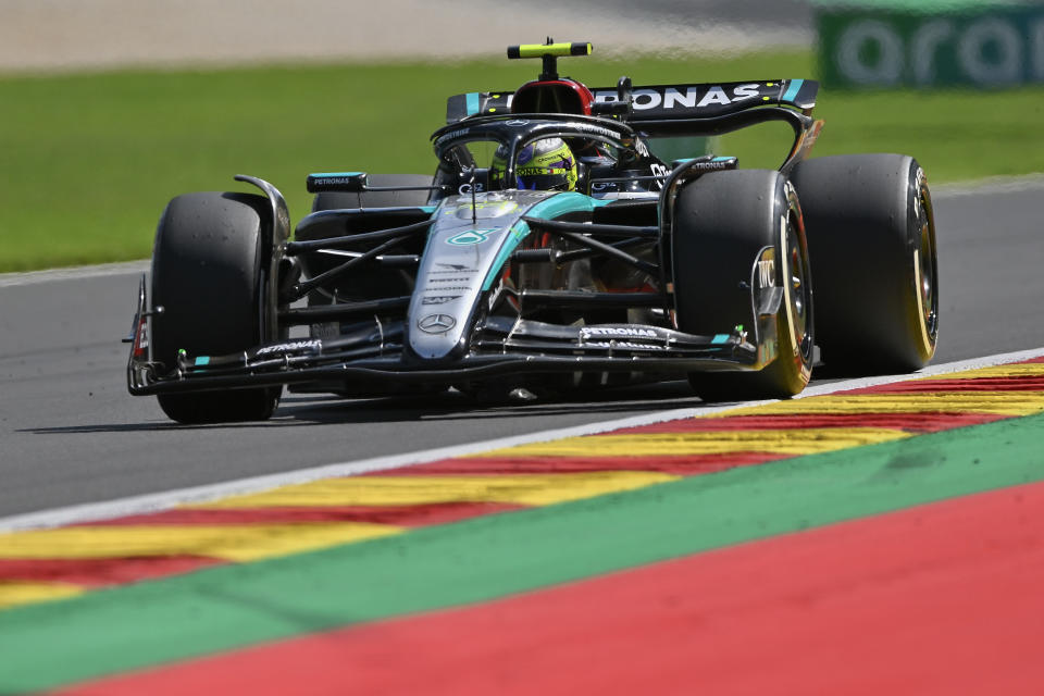 SPA, BELGIUM - JULY 28: Lewis Hamilton of Great Britain driving the (44) Mercedes AMG Petronas F1 Team F1W15 during the F1 Grand Prix of Belgium at Circuit de Spa-Francorchamps on July 28, 2024 in Spa, Belgium. (Photo by Vince Mignott/MB Media/Getty Images)