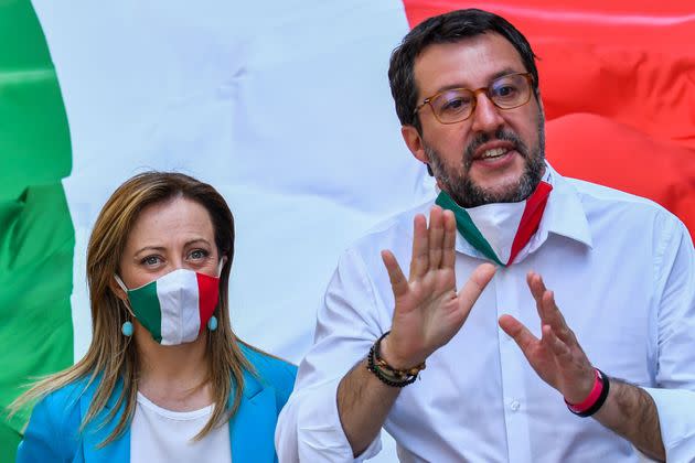 Head of the League party Matteo Salvini and head of the Brothers of Italy (FdI) party, Giorgia Meloni march during a united rally along with the Forza Italia (FI) party for a protest against the government on June 2, 2020 on Via del Corso near Piazza del Popolo in Rome, as the country eases its lockdown aimed at curbing the spread of the COVID-19 infection, caused by the novel coronavirus. (Photo by Alberto PIZZOLI / AFP) (Photo by ALBERTO PIZZOLI/AFP via Getty Images) (Photo: ALBERTO PIZZOLI via Getty Images)