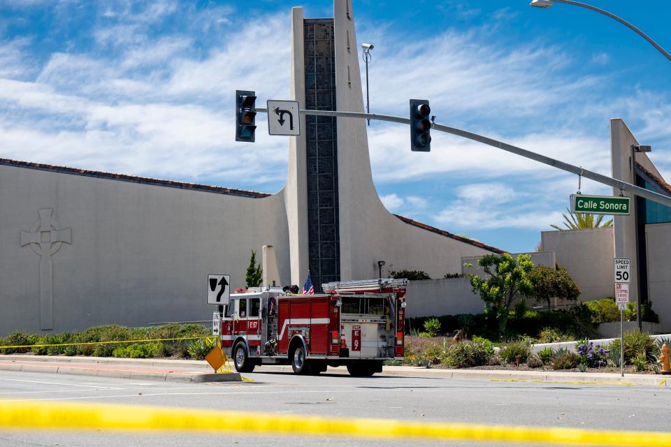 A firetruck is parked in front of  Geneva Presbyterian Church on 15 May. (AP)