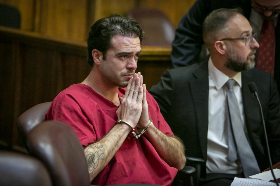 Pablo Lyle tries to regain his composure after reading a statement in court apologizing to the Hernandez family during his sentencing in Miami Dade Criminal Court. Pablo Lyle killed  63-year-old Juan Ricardo Hernandez during a road rage incident in 2019 and was convicted of manslaughter last October 2022. (Jose A. Iglesias/El Nuevo Herald/Tribune News Service via Getty Images)