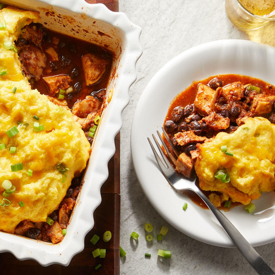 <p>In this Tex-Mex casserole inspired by chicken tamales, a saucy chicken filling with a soft polenta or grits topping is baked in a casserole dish. While it can't take the place of true tamales, it certainly makes for an easy and scrumptious weeknight dinner. <a href="https://www.eatingwell.com/recipe/281428/chicken-tamale-casserole/" rel="nofollow noopener" target="_blank" data-ylk="slk:View Recipe;elm:context_link;itc:0;sec:content-canvas" class="link ">View Recipe</a></p>