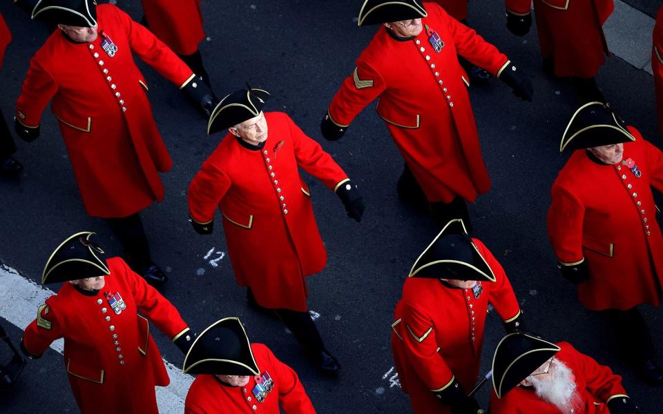 Chelsea Pensioners marching past the Cenotaph during the Annual Service of Remembrance - Owen Cooban/MOD