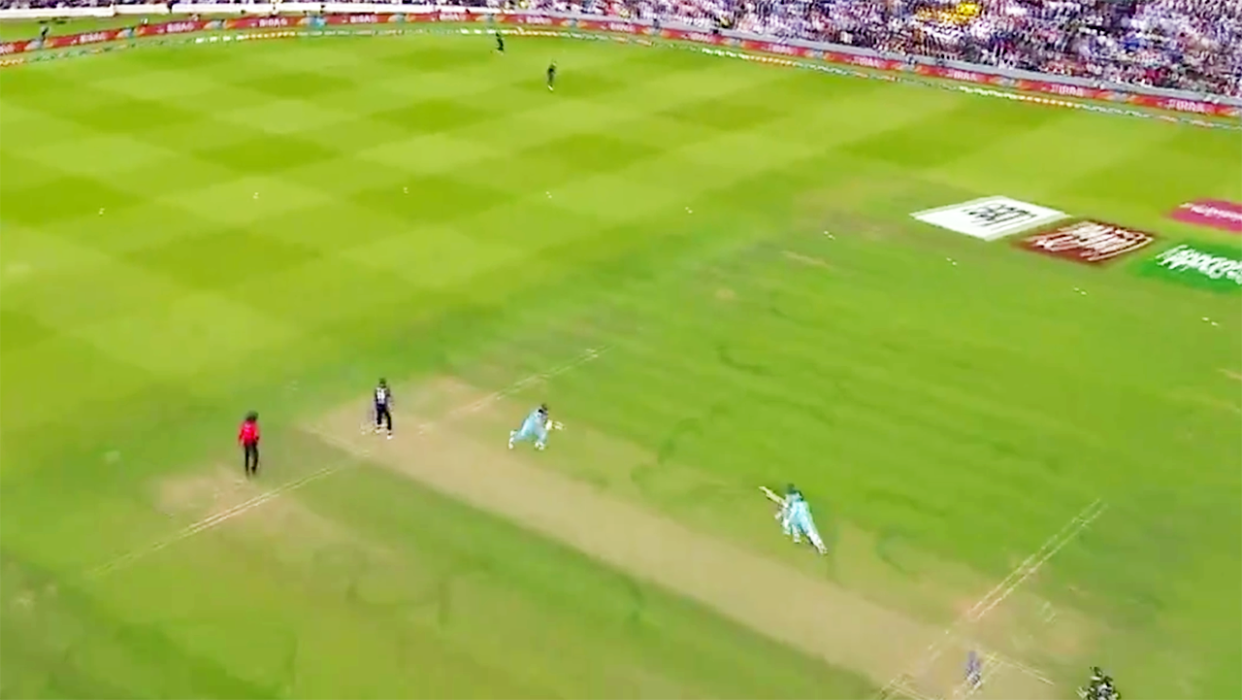 Ben Stokes and Adil Rashid hadn't crossed when the throw came in. Image: Channel Nine