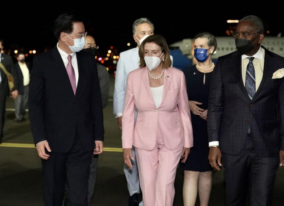 <div class="inline-image__caption"><p>US House Speaker Nancy Pelosi being welcomed by Taiwanese Foreign Minister Joseph Wu after landing at Songshan Airport in Taipei, Taiwan on August 2, 2022.</p></div> <div class="inline-image__credit">Photo by Taiwanese Foreign Ministry via Getty Images</div>