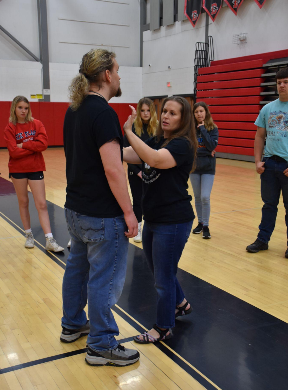 Dansville students receive self-defense instruction from Jennifer Smith and Eric Buchak of Empower Martial Arts in Geneseo.