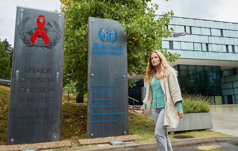 Brostrom former policy adviser at UNAIDS poses in front of the agency in Geneva