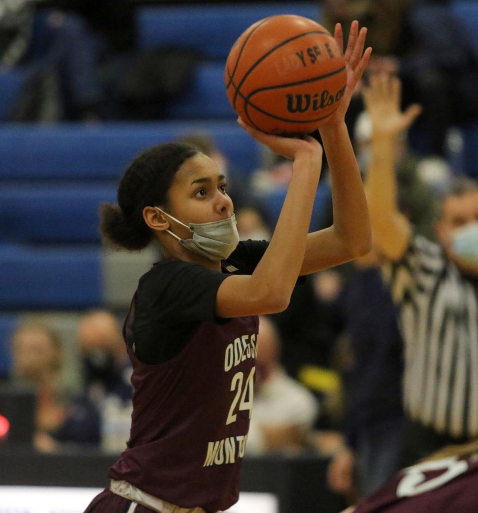 Odessa-Montour's Keyonna Garrison takes a foul shot during a 51-45 win over Watkins Glen in overtime in girls basketball Jan. 20, 2022 at Watkins Glen High School's field house.