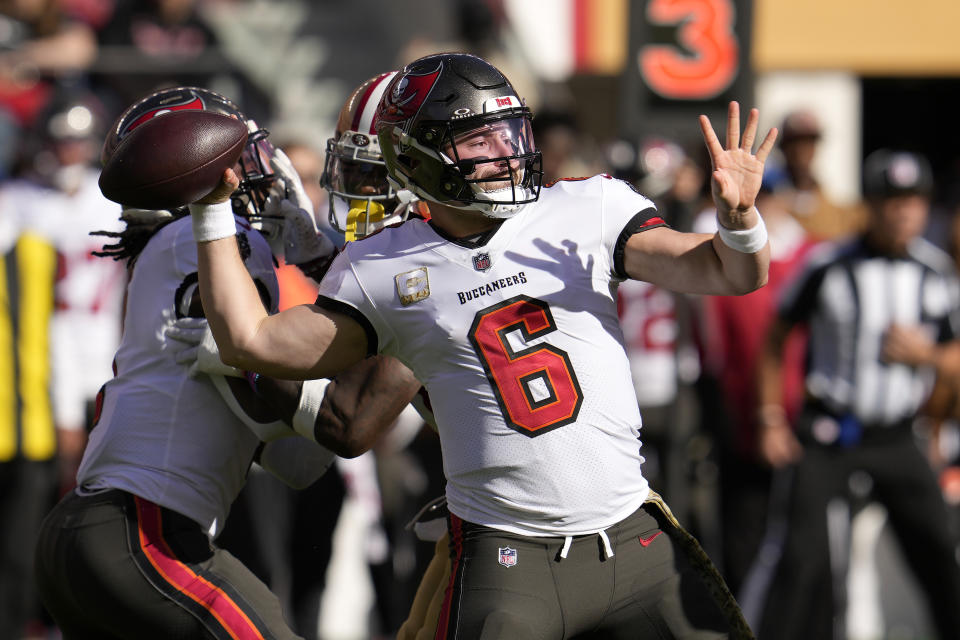 Tampa Bay Buccaneers quarterback Baker Mayfield (6) passes against the San Francisco 49ers during the first half of an NFL football game in Santa Clara, Calif., Sunday, Nov. 19, 2023. (AP Photo/Godofredo A. Vásquez)