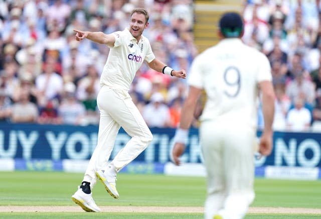 Stuart Broad celebrates the dismissal of Tom Latham