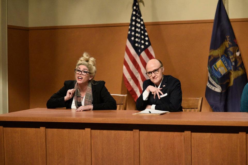 Cecily Strong as witness Melissa Carone and Kate McKinnon as Rudy Giuliani during "Saturday Night Live"s "Michigan Hearings" cold open on December 5, 2020.