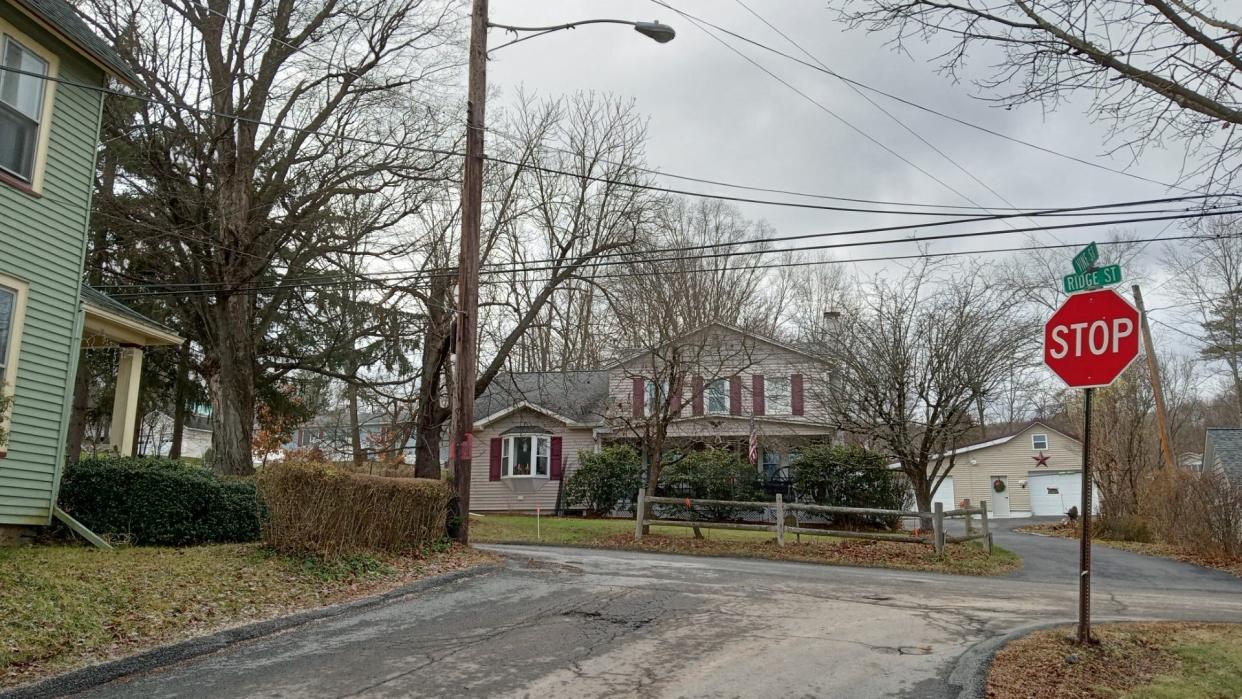 Motorists heading up Vine Street, Honesdale, meet Ridge Street at a T-intersection. There is a stop sign on Vine but none here on Ridge, where it is difficult to see oncoming Ridge Street traffic coming from the left.