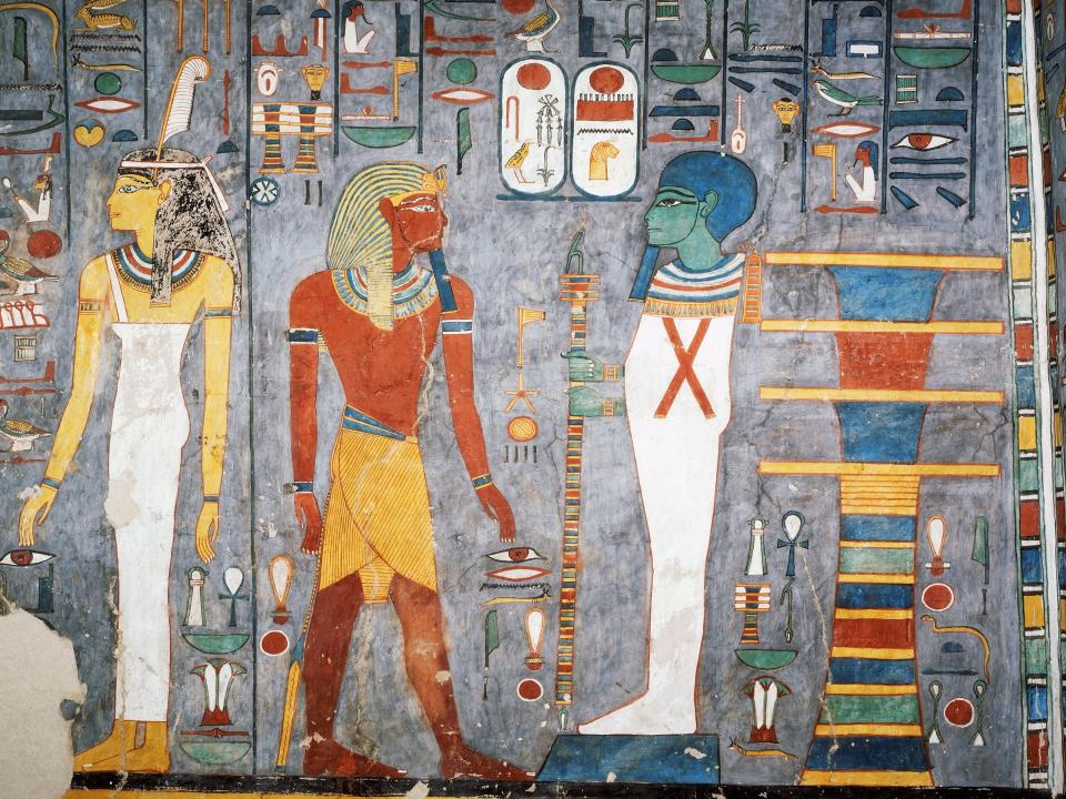 Maat, Ramesses I, Ptah and pillar of Osiris, detail from the frescoes in the burial chamber, Tomb of Ramesses I, Ancient Thebes, Luxor