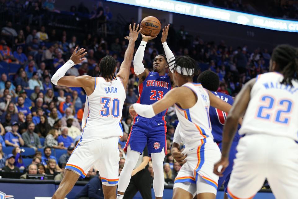 Oct 19, 2023; Tulsa, Oklahoma, USA; Detroit Pistons guard Jaden Ivey (23) shoots against the Oklahoma City Thunder at BOK Center. Mandatory Credit: Joey Johnson-USA TODAY Sports