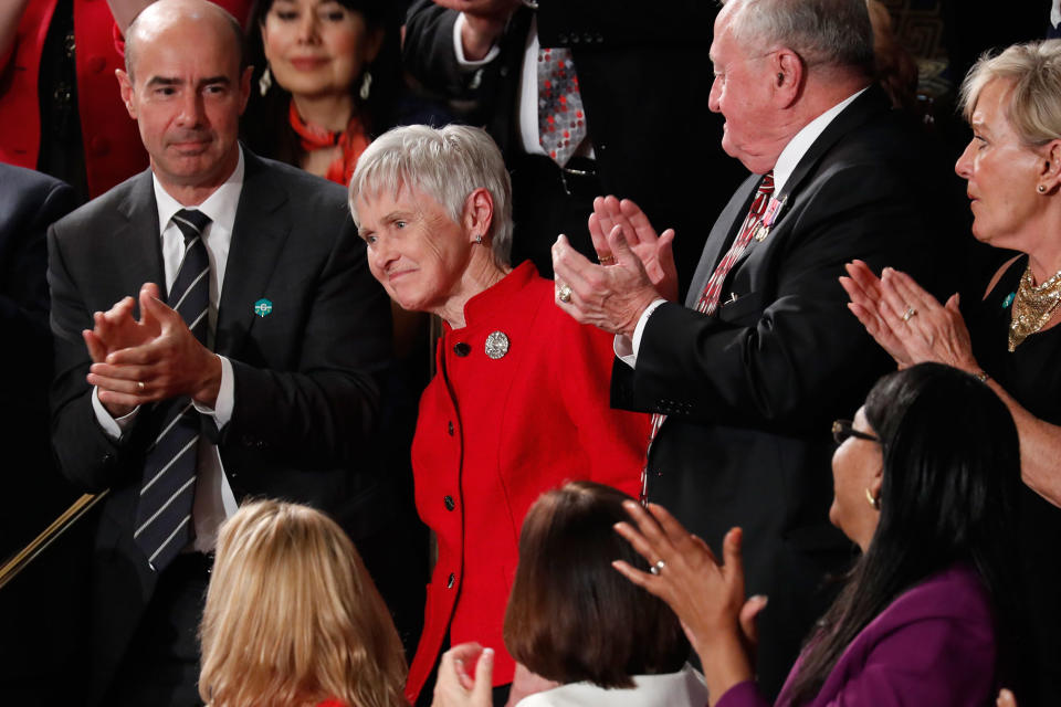 <p>Maureen McCarthy Scalia, widow of Supreme Court Justice Antonin Scalia, is recognized by President Donald Trump during his address to a joint session of Congress on Capitol Hill in Washington, Tuesday, Feb. 28, 2017. (AP Photo/Pablo Martinez Monsivais) </p>