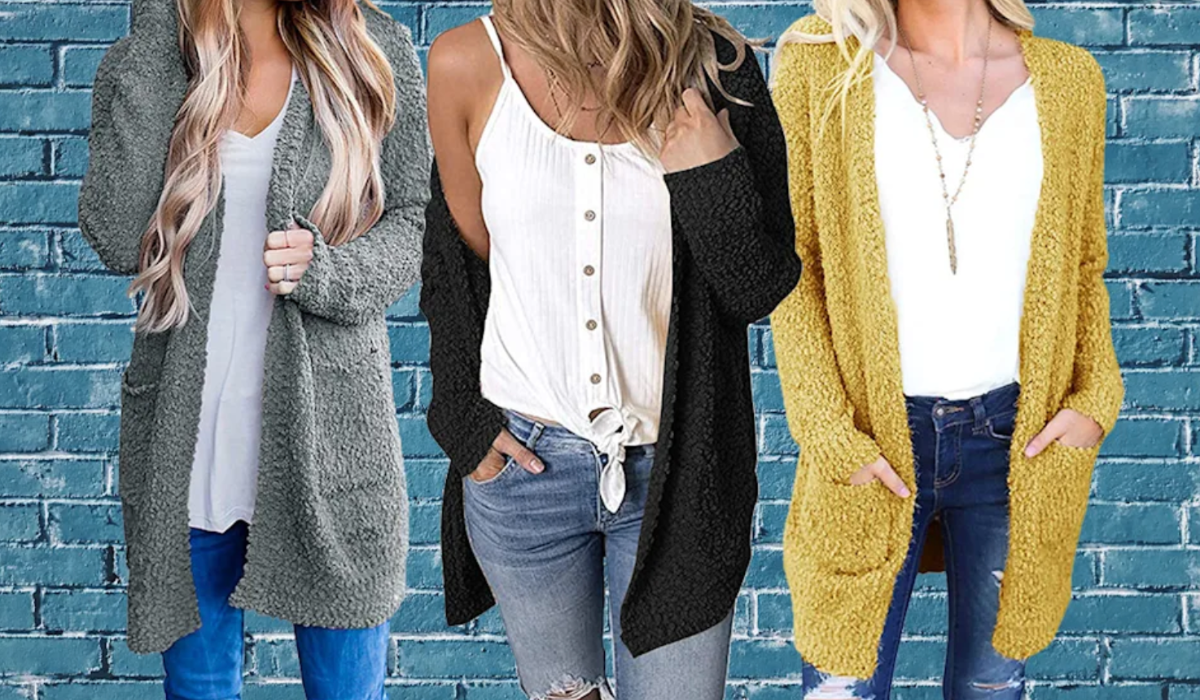 Models wearing a grey cardigan, black cardigan and mustard yellow cardigan.