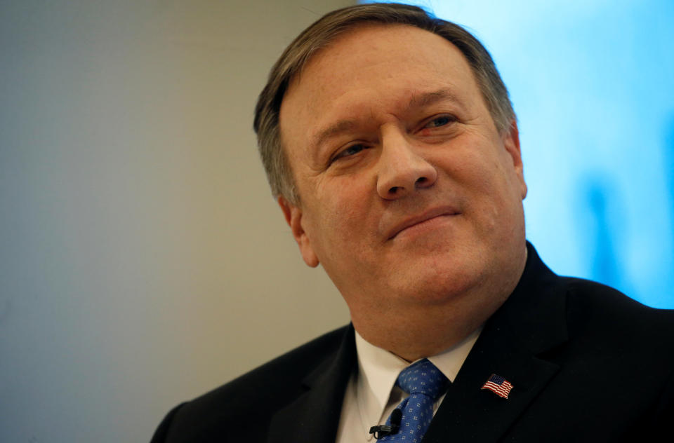 FILE PHOTO: CIA Director Mike Pompeo delivers remarks at "Intelligence Beyond 2018," a forum hosted by the American Enterprise Institute for Public Policy Research in Washington, U.S., January 23, 2018. REUTERS/Leah Millis/File Photo