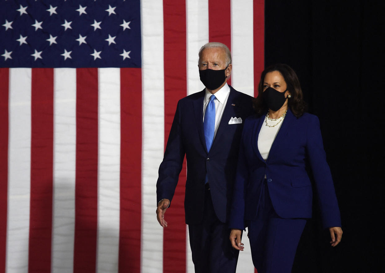 Harris and Biden at their first joint press conference in Aug 2020<span class="copyright">Olivier Douliery—AFP/Getty Images</span>