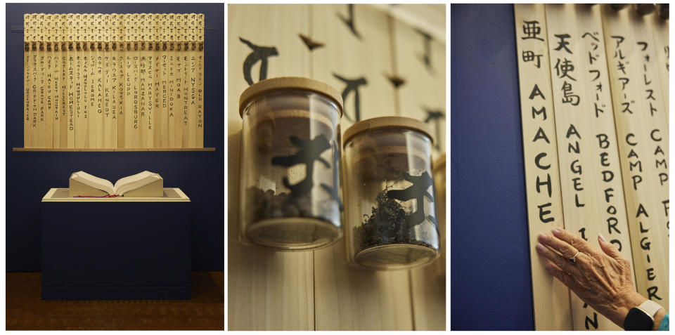 The wooden grave markers, or sotoba, each bearing the name of an incarceration camp and a glass vial containing soil from the site. (Yuri Hasegawa for NBC News)