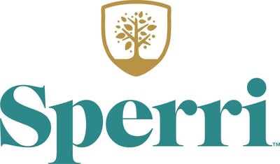 The Sperri logo with "Sperri" written in teal blue with a image of a gold crest with a tree with leaves above the company name. (CNW Group/Novagevity)