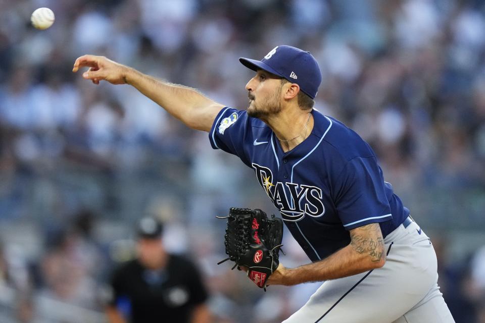 Tampa Bay Rays' Zach Eflin pitches during the second inning of a baseball game against the New York Yankees Tuesday, Aug. 1, 2023, in New York. (AP Photo/Frank Franklin II)