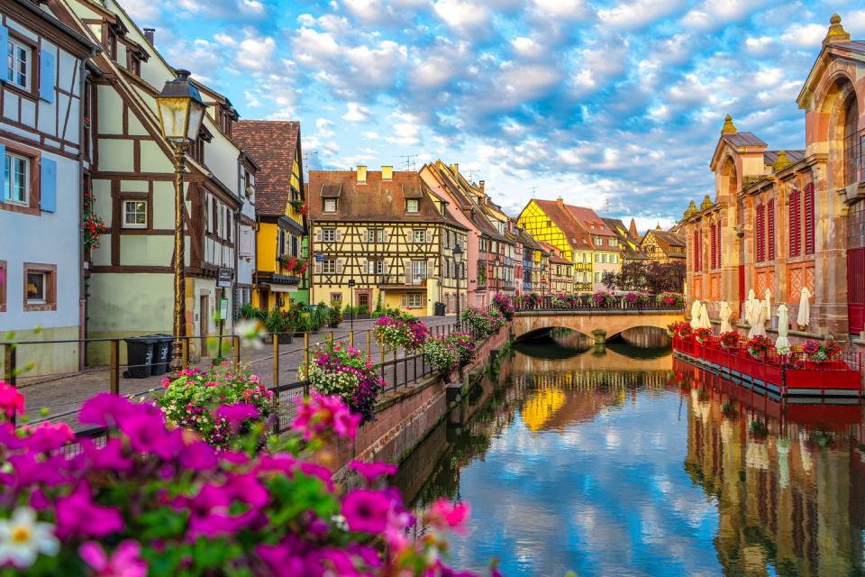 spectacular colorful traditional french houses on the side of river lauch in petite venise,colmar,france