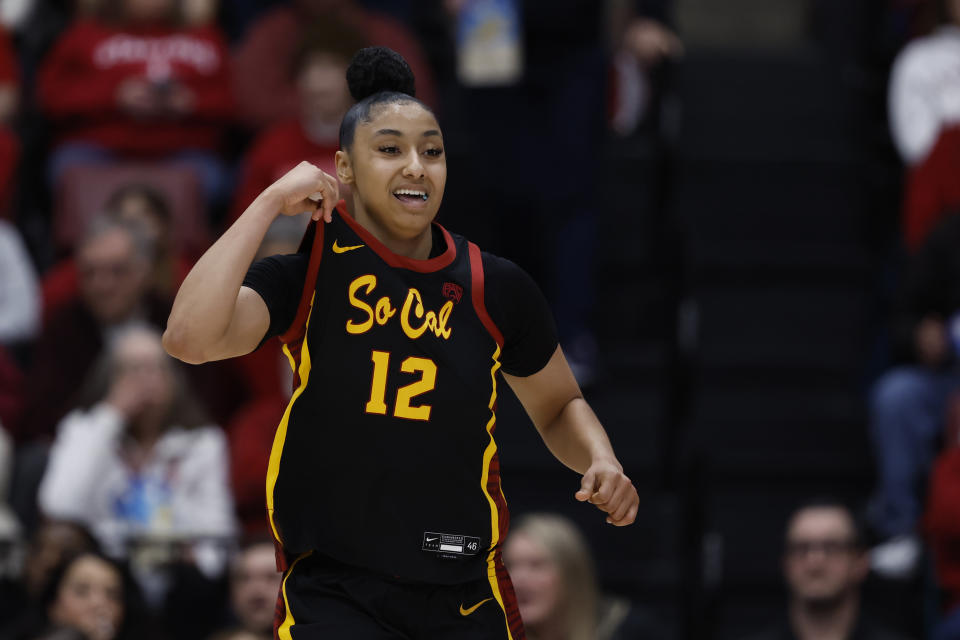 Southern California guard JuJu Watkins (12) celebrates after scoring in the first half of an NCAA college basketball game against Stanford, Friday, Feb. 2, 2024, in Stanford, Calif. (AP Photo/Josie Lepe)