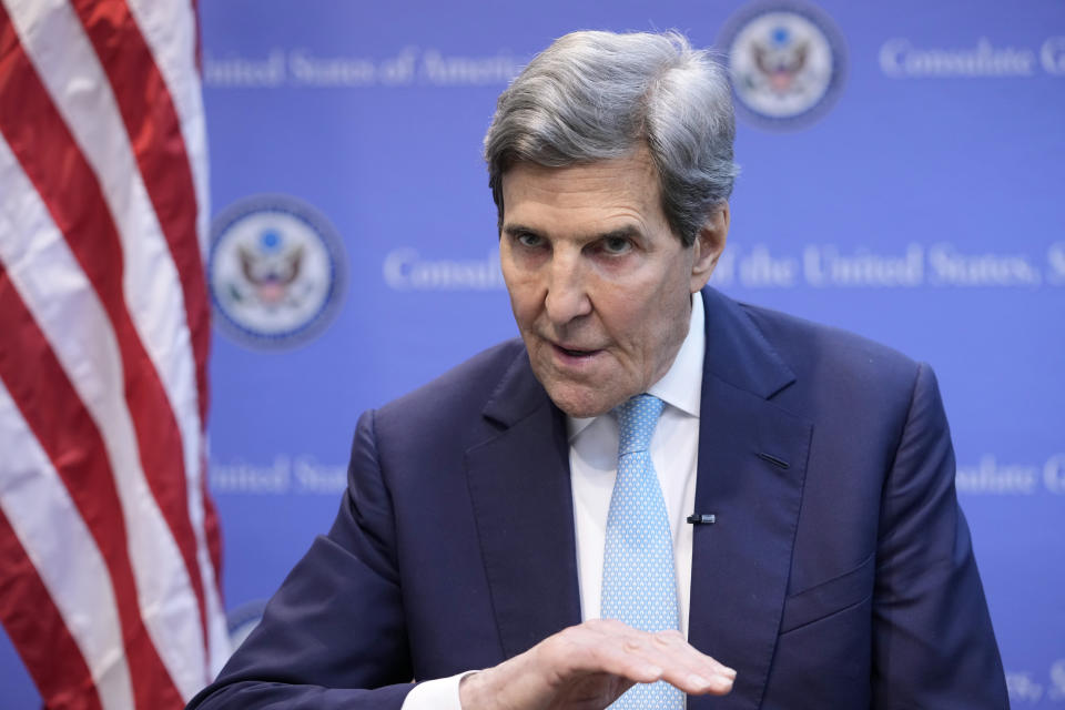 U.S. Special Presidential Envoy for Climate John Kerry speaks during an interview with The Associated Press at the U.S. Consulate General after the G-7 ministers' meeting on climate, energy and environment in Sapporo, northern Japan, Sunday, April 16, 2023. So much has been invested in clean energy that there can be no rolling back of moves to end carbon emissions, though much more needs to be done much faster to prevent the worst impacts of climate change, U.S. Presidential Envoy John Kerry said Sunday. (AP Photo/Hiro Komae)