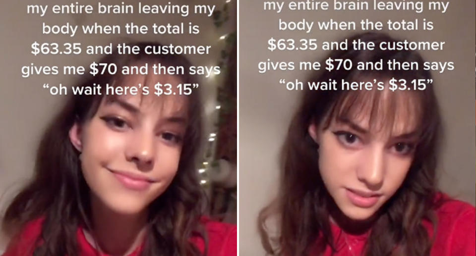 A teenage Coles employee has taken to TikTok to complain about annoying customer behaviour at the checkout. Source: @fr0gs123/TikTok