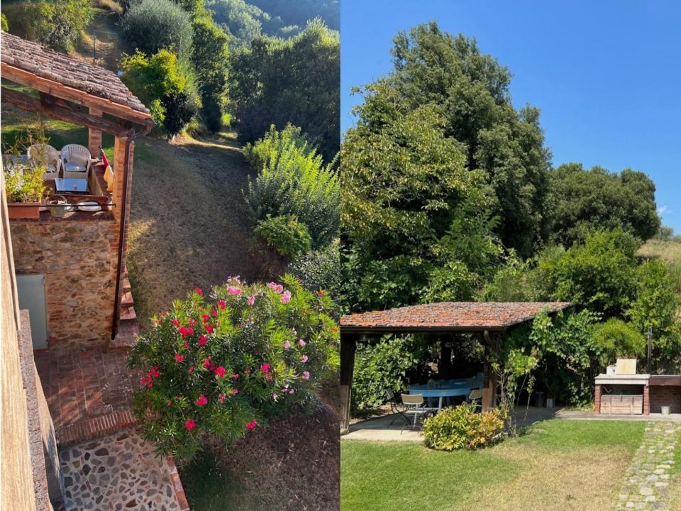 A side-by-side of two patios at a house in Italy.