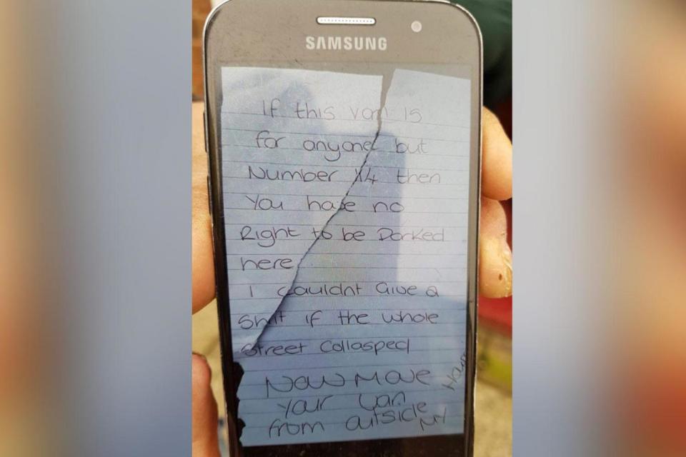 The angry note was left on an ambulance which was parked while paramedics treated a patient