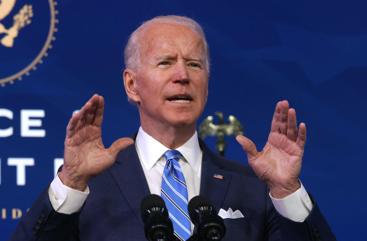 WILMINGTON, DELAWARE - JANUARY 14: U.S. President-elect Joe Biden speaks as he lays out his plan for combating the coronavirus and jump-starting the nation’s economy at the Queen theater January 14, 2021 in Wilmington, Delaware. President-elect Biden is expected to unveil a stimulus package with a price tag of trillions of dollars including a $1,400 direct payment to individuals who have been struggling with the economic turmoil caused by the COVID-19 pandemic. (Photo by Alex Wong/Getty Images)