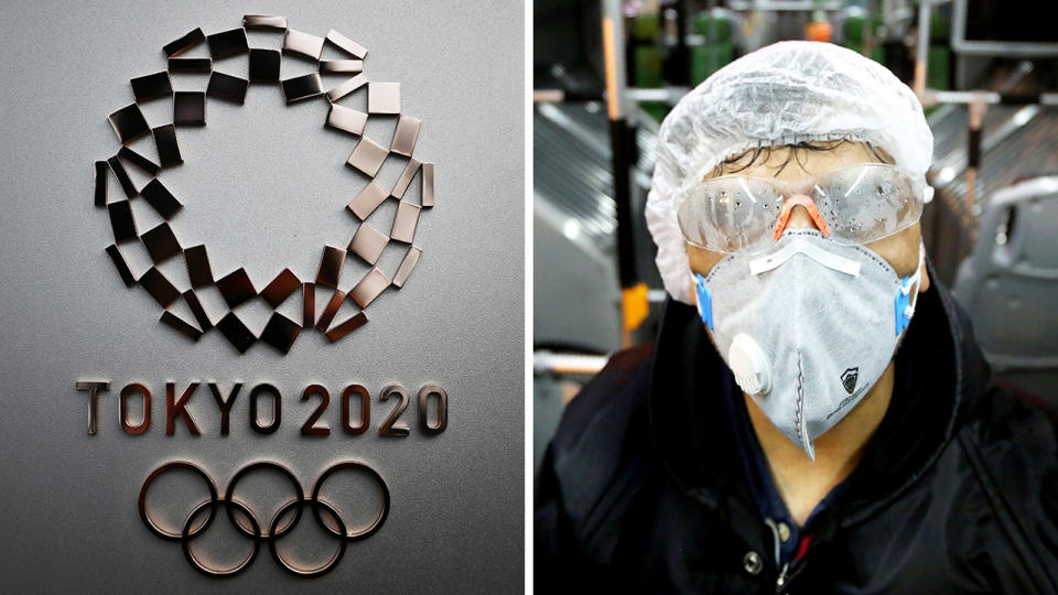 The Olympics symbol in Tokyo and a train passenger with a mask on due to fears of the Coronavirus.