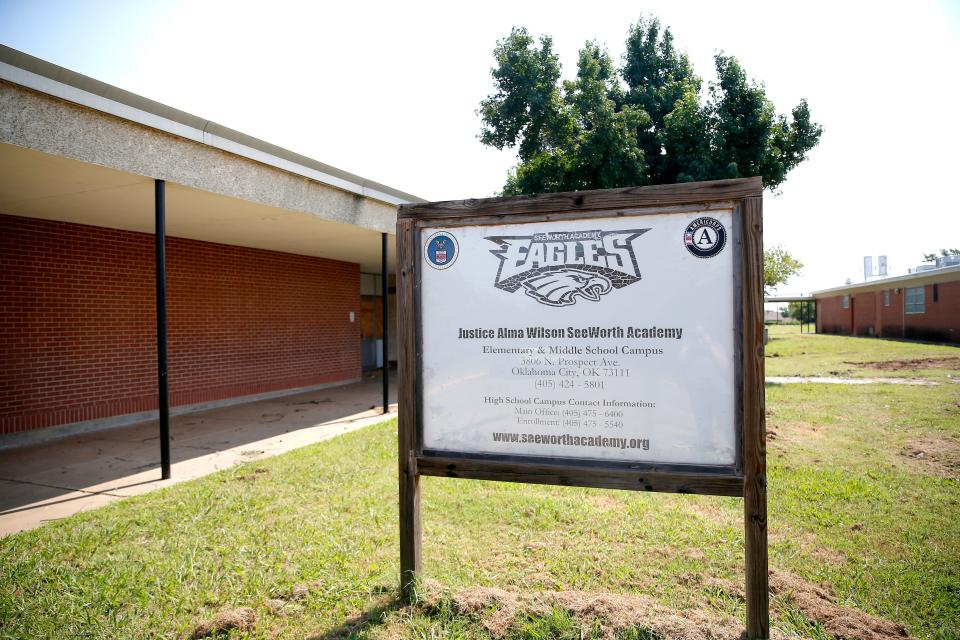 The building that once housed Polk Elementary School and Justice Alma SeeWorth Academy is pictured in Oklahoma City, Wednesday, July 28, 2021. 