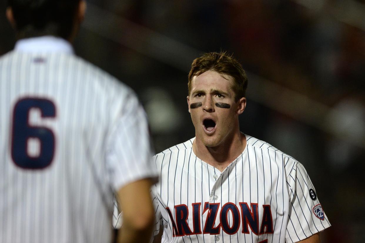 Jun 11, 2021; Tucson, Arizona, USA; Arizona Wildcats third baseman Jacob Berry (15) celebrates after hitting a two run home run against the Ole Miss Rebels during the fifth inning during the NCAA Baseball Tucson Super Regional at Hi Corbett Field.