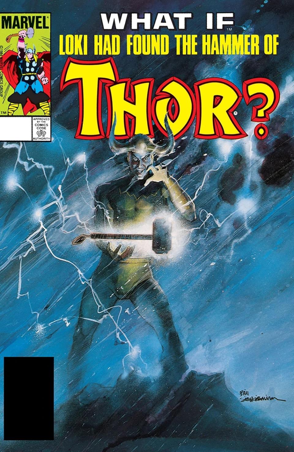 The cover of What If? #47 asks "What if Loki Had Found the Hammer of Thor?" and depicts Loki, in full God of Mischief garb, with a glowing Mjolnir floating in front of him. Loki has a devilish grin on his face while wind and lightning swirls behind him.