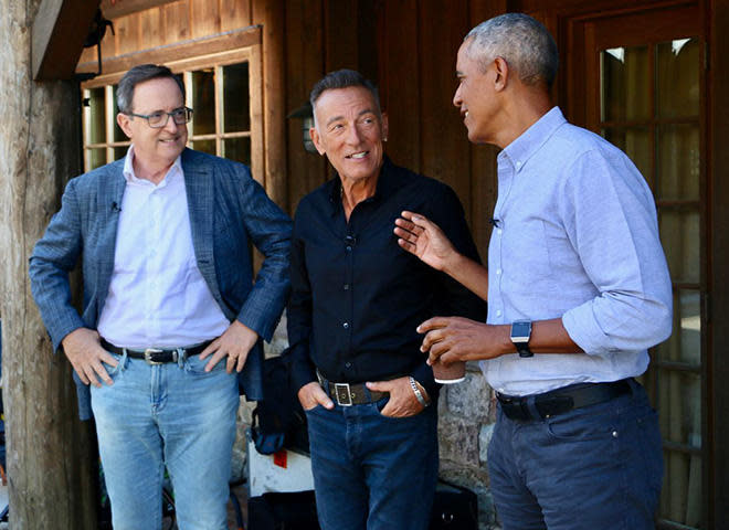 Former President Barack Obama, right, with correspondent Anthony mason and singer-songwriter Bruce Springsteen.&#xa0; / Credit: Ed Forgotson/CBS News